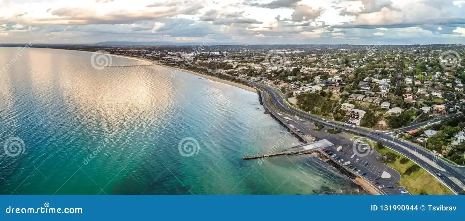wide aerial panorama frankston foreshore melbourne australia aerial panorama frankston foreshore 131990944